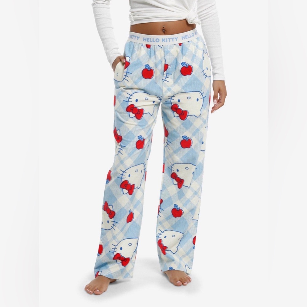 Hello Kitty Light Blue Plaid Lounge Pants with Red Accents- New